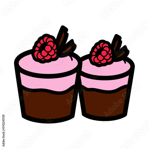 Two delicious cupcakes with pink frosting and raspberry toppings.