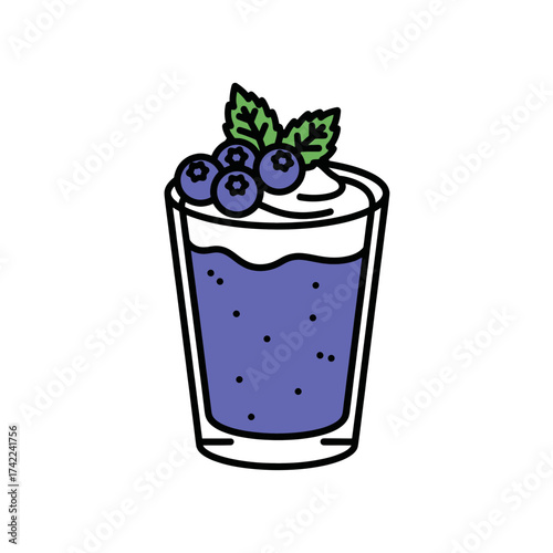 Delicious blueberry smoothie with whipped cream and mint leaves.