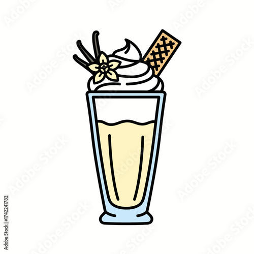 Vanilla milkshake with whipped cream vanilla beans and a wafer cookie.