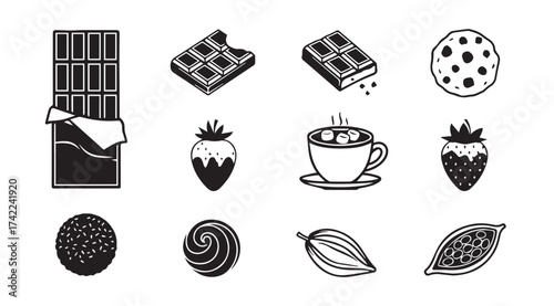 Delicious chocolate treats and cocoa elements hand drawn icons set for sweet food lovers vector