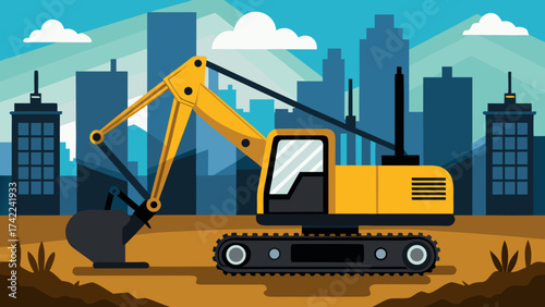 Yellow excavator working on a construction site in a city with tall buildings and blue sky