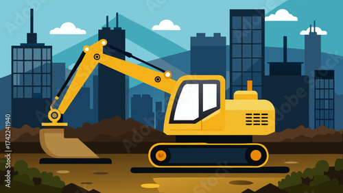 Yellow excavator digging at a construction site with city buildings in the background under a blue sky