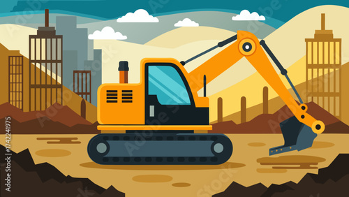 Illustration of an orange excavator working on a construction site with buildings in the background