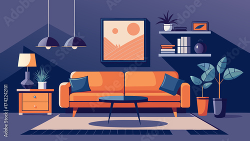 Modern living room interior with orange sofa coffee table plants and abstract wall art