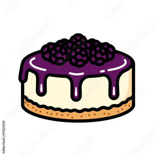 Delicious blueberry cheesecake with a glossy purple glaze and fresh berries on top.