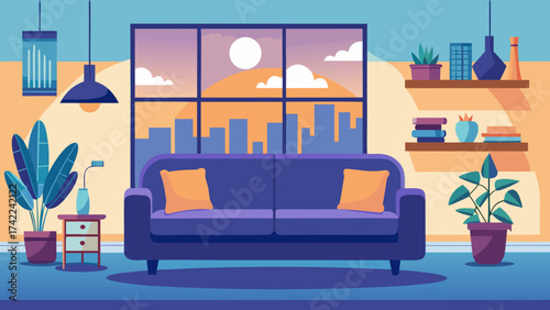 Cozy living room with a purple sofa and large window overlooking a city skyline at sunset