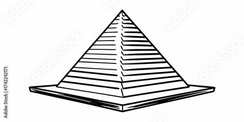 Illustration of a pyramid with horizontal lines on a base in black and white simple design style art