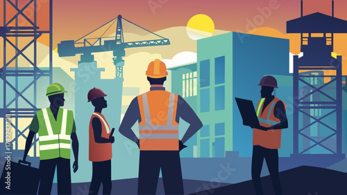 Construction workers in hard hats and safety vests collaborating on a building project at sunset