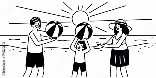 Family playing with beach balls under the sun on the beach with ocean view in a simple black and white style