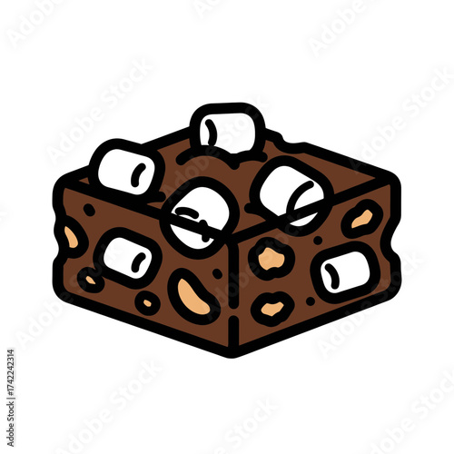 Delicious square of rocky road dessert with marshmallows and nuts.