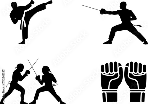 Silhouettes of diverse martial arts and combat sports athletes in action