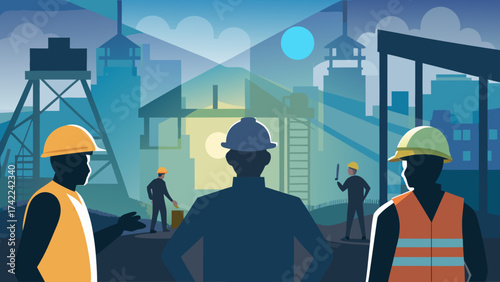 Construction workers in hard hats and safety vests collaborating on a building site at dusk