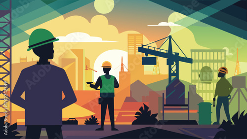 Construction workers supervising a city development project with cranes and buildings under a colorful sky