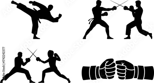 Dynamic silhouettes showcase martial arts combat and fencing duels in energetic poses.