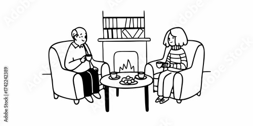 Elderly man and young woman enjoying tea by the fireplace in a cozy living room setting together