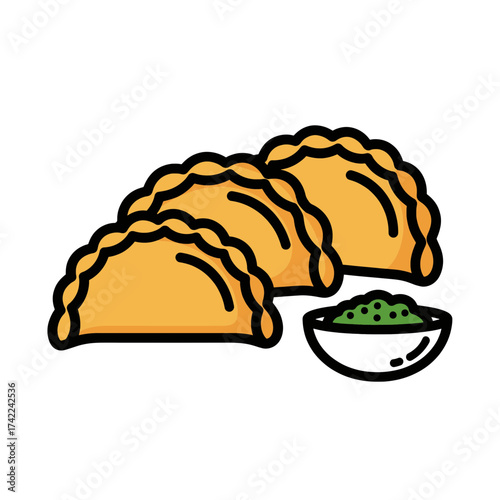 Delicious golden empanadas with green sauce a tasty food illustration.
