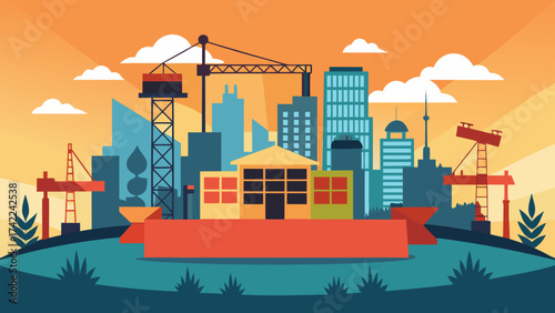 Modern city skyline under construction with cranes and buildings against a vibrant sunset sky