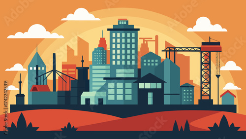 Modern city skyline with buildings under construction and a vibrant sunset sky