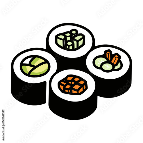 Colorful sushi rolls with various fillings on a white background.