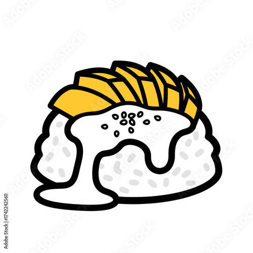Mango sticky rice dessert illustration with coconut milk and sesame seeds.