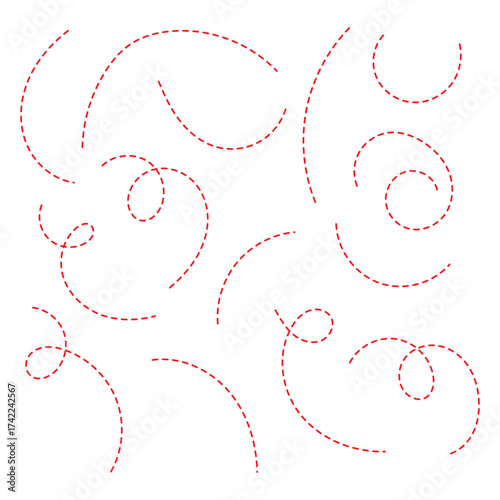 Abstract Curved Dotted Swirl Line. Hand drawn curve dotted line vector set. Long squiggle dashed collection. Dotted Spiral Curve Line.