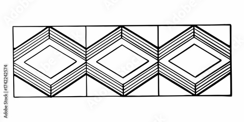 Three diamond shapes arranged in a horizontal row with geometric line patterns inside each shape design