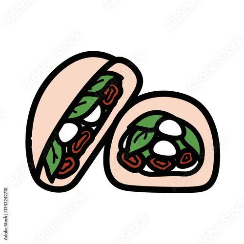 Two delicious looking bao buns with fresh ingredients and a tasty filling.