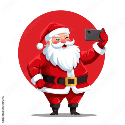 Santa Claus Taking Winking Selfie with Smartphone - Fun Christmas Social Media Cartoon Vector Illustration on Transparent Background