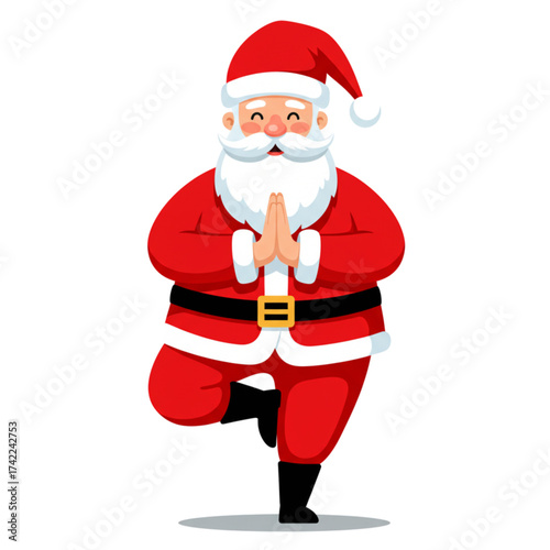 Santa Claus in Tree Yoga Pose with Prayer Hands - Relaxed Christmas Meditation Cartoon Vector Illustration on Transparent Background