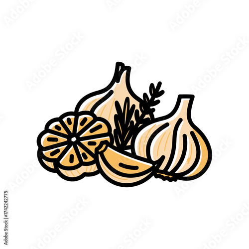 Fresh ingredients for cooking garlic lemon and herbs healthy food.