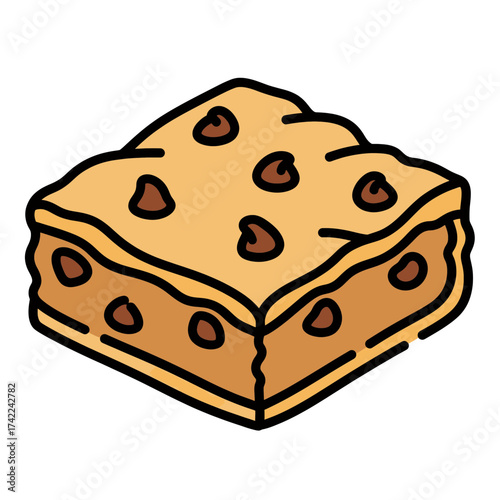 Delicious chocolate chip brownie dessert food illustration isolated on white background.