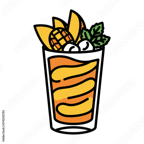 Refreshing mango smoothie with fresh fruit and mint garnish.