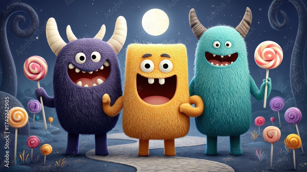 Obraz premium Colorful Cartoon Monsters Smiling Under Moonlight with Lollipops