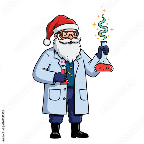 Santa Claus as Scientist Holding Bubbling Flask in Lab Coat - Christmas Science Experiment Cartoon Vector Illustration