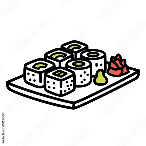 Sushi rolls with wasabi and pickled ginger on a plate.