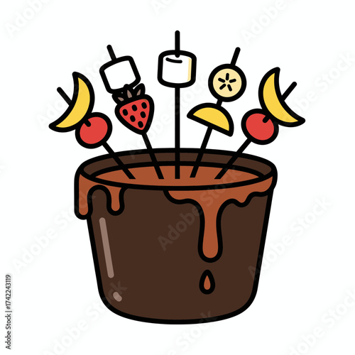 Chocolate fondue with fruit and marshmallow skewers dessert.