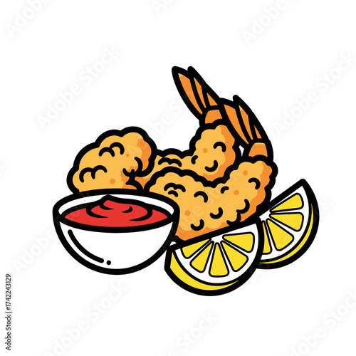 Delicious fried shrimp with lemon and dipping sauce a perfect meal.