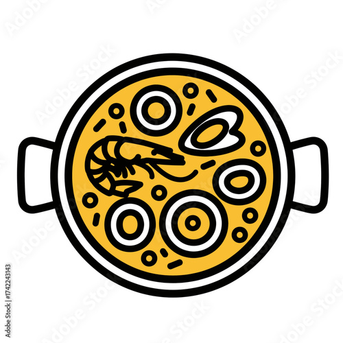 Delicious seafood paella dish with shrimp and mussels in a pan.