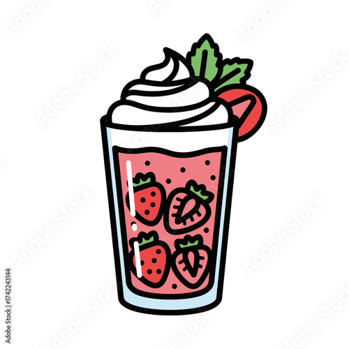 Delicious strawberry smoothie with whipped cream and fresh strawberries.