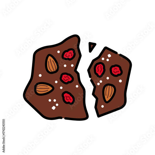 Chocolate bark with almonds and dried cranberries broken in two pieces.