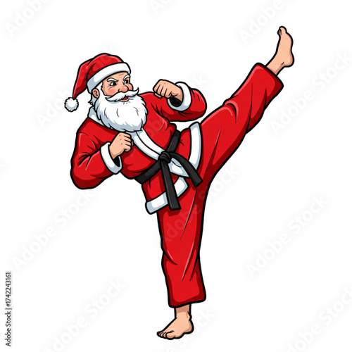 Santa Claus Executing Karate High Kick in Red Gi with Black Belt Barefoot Isolated on Transparent Background - Cartoon Vector Illustration for Christmas Martial Arts Action and Holiday Fighter Humor