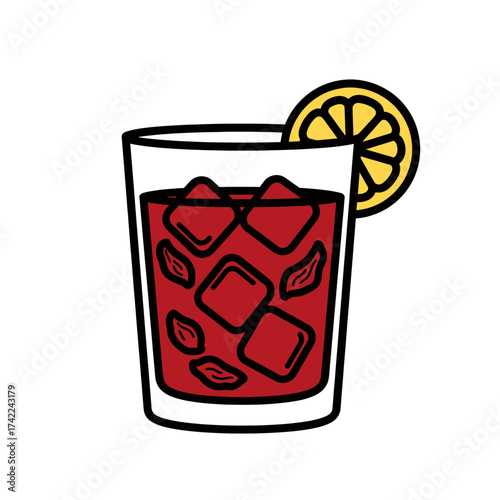 Refreshing cocktail with ice cubes and lemon slice perfect summer drink.