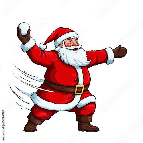 Santa Claus Throwing Snowball with Motion Lines Isolated on Transparent Background - Cartoon Vector Illustration for Christmas Winter Fun and Holiday Playful Humor