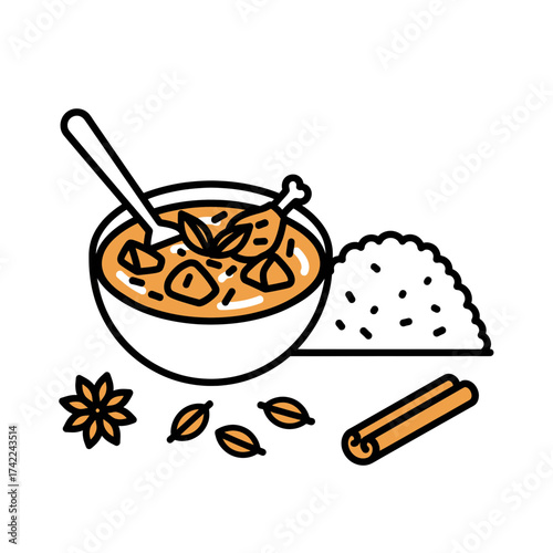 Delicious Indian Chicken Curry with Rice and Spices Illustration.
