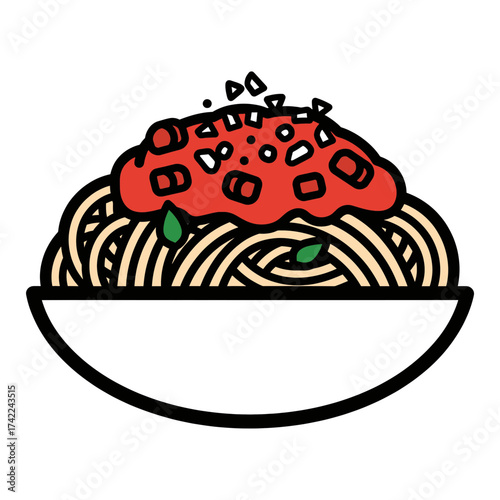 Delicious spaghetti pasta dish with tomato sauce and basil leaves in a bowl.