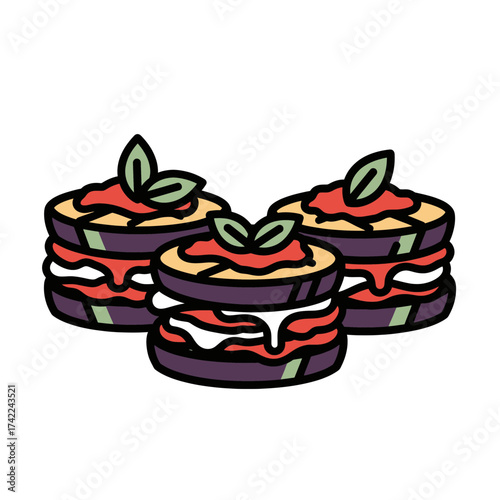 Three stacked eggplant sandwiches with tomato sauce and basil leaves.