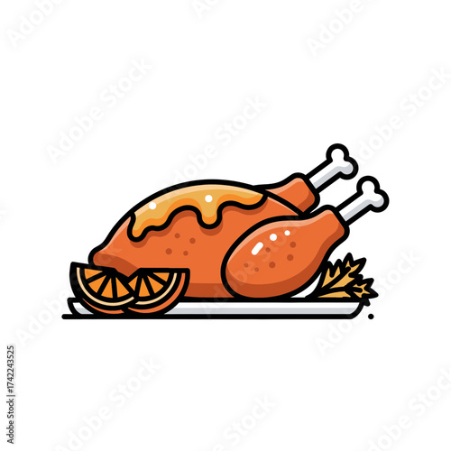 Roasted turkey with orange slices and garnish on a plate.