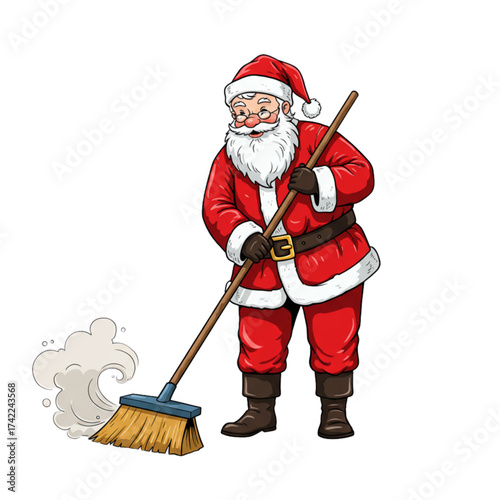 Santa Claus Sweeping Floor with Broom and Dust Cloud - Cartoon Vector Illustration for Christmas Cleaning and Housework Humor