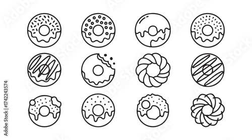 Assortment of delicious doughnuts hand drawn sketch style collection for sweet treats and baking vector