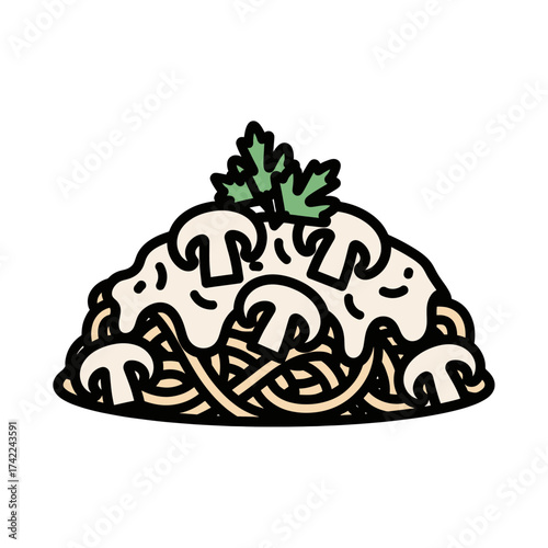 Delicious pasta dish with creamy sauce mushrooms and fresh parsley garnish.